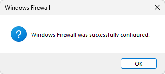 Mensagem de sucesso na configuração do Firewall do Windows
